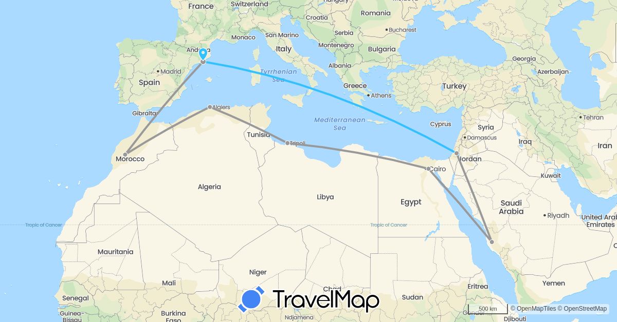 TravelMap itinerary: driving, plane, boat in Algeria, Egypt, Spain, Israel, Libya, Morocco, Saudi Arabia (Africa, Asia, Europe)